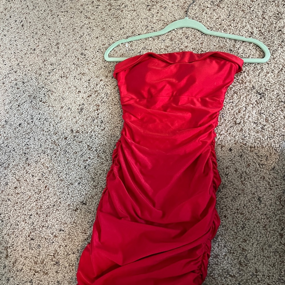 Ruched Red Strapless Homecoming Dress